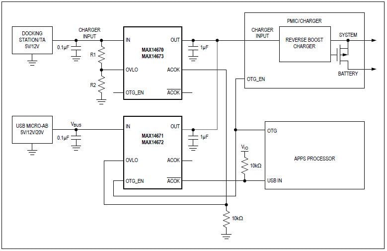 Diagrama de circuito de aplicación - Analog Devices / Maxim Integrated Protectores contra sobretensión MAX1467x