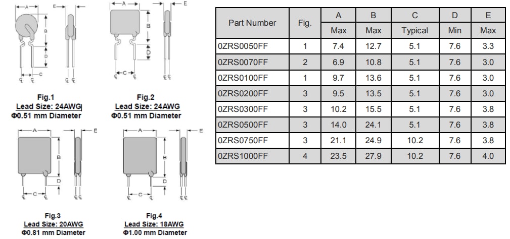 Mechanical Drawing - Bel Fuse 0ZRS Radial Leaded PTC Resettable Fuses