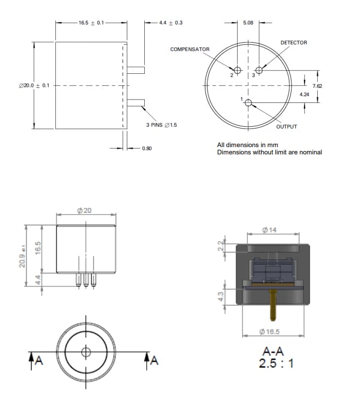 Mechanical Drawing - Amphenol SGX Sensortech VQ548MP2-DA Catalytic Combustible Gas Sensor Mechanical Drawing - Amphenol SGX Sensortech VQ548MP2-DA Catalytic Combustible Gas Sensor