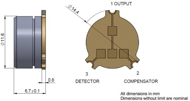 Mechanical Drawing - Amphenol SGX Sensortech MP7217 Miniature Catalytic Combustible Gas Sensor Mechanical Drawing - Amphenol SGX Sensortech MP7217 Miniature Catalytic Combustible Gas Sensor