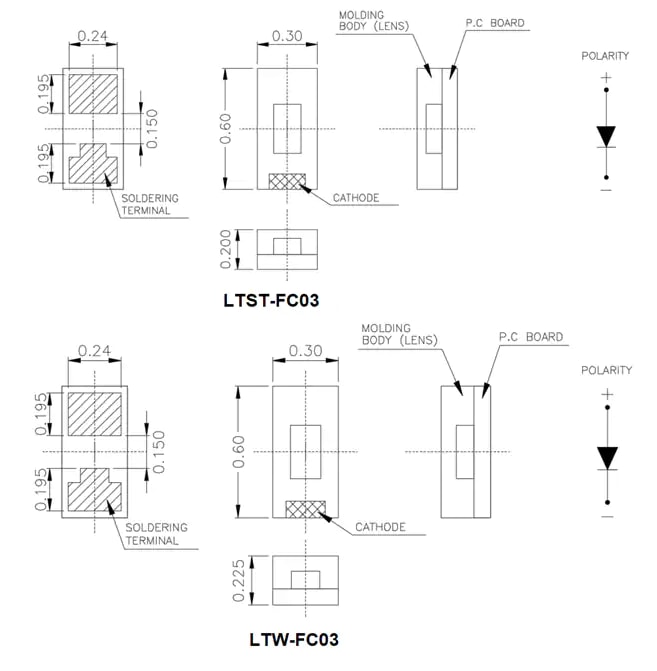 Mechanical Drawing - LITEON LTST-/LTW-FC03 SMD LEDs
