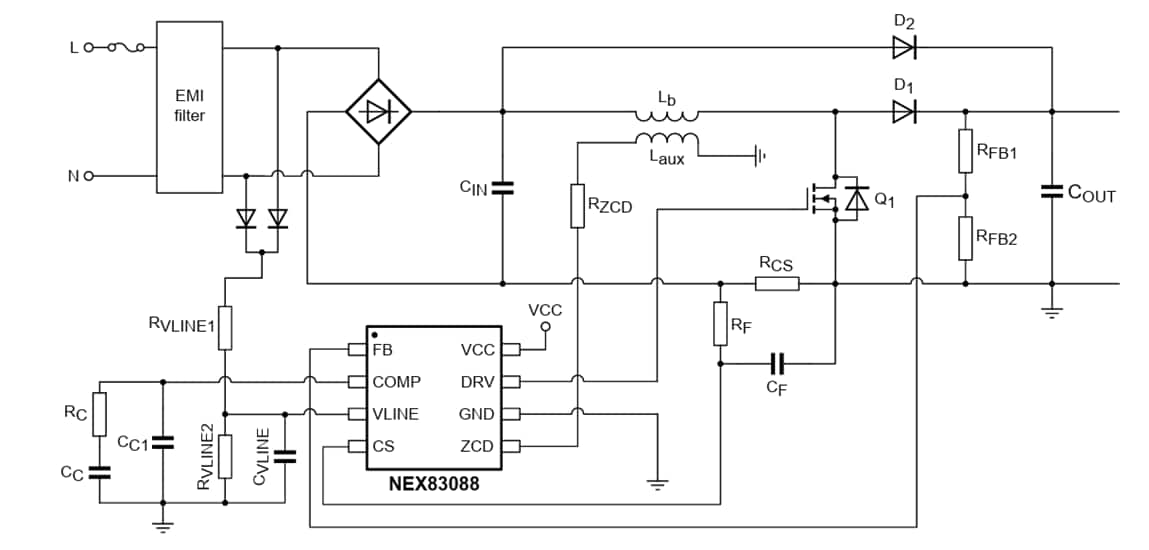 Diagrama de circuito de aplicación - Nexperia Controladores de corrección de factor de potencia (PFC) NEX8x88