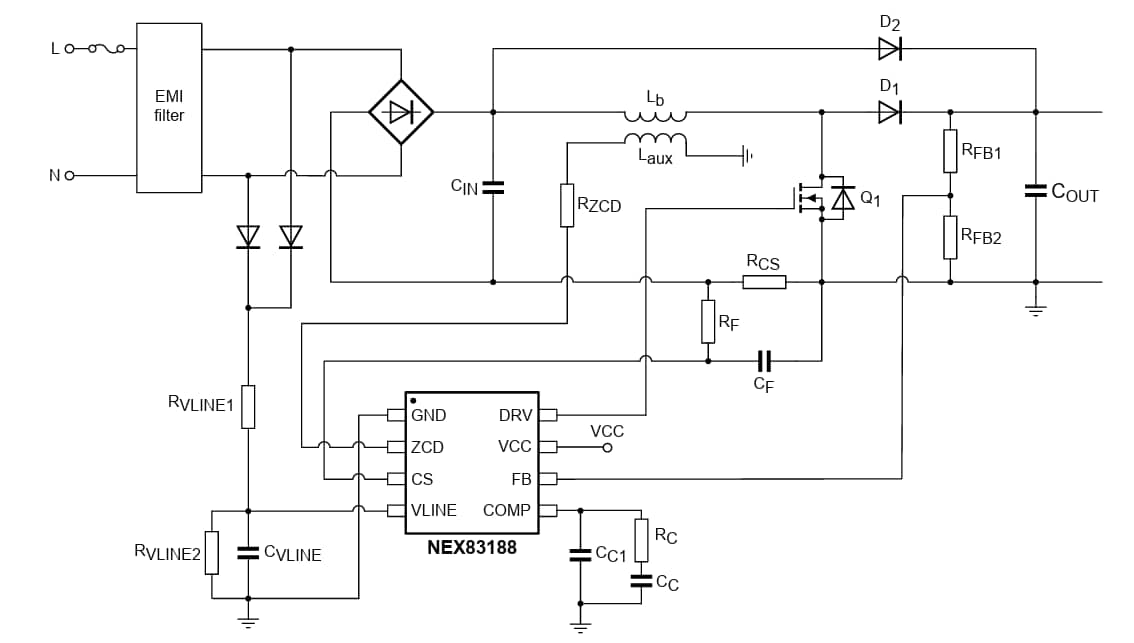 Diagrama de circuito de aplicación - Nexperia Controladores de corrección de factor de potencia (PFC) NEX8x88
