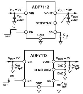 Circuitos de aplicación típicos con tensiones de salida fijas de 5 V y 6 V